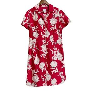 Liz Claiborne Floral Shirt Dress Button Front Red White Tropical Silk Linen 14